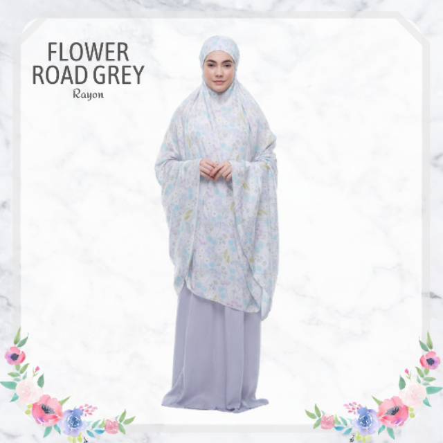 FLOWER ROAD GREY MUKENA TAZBIYA MOTIF