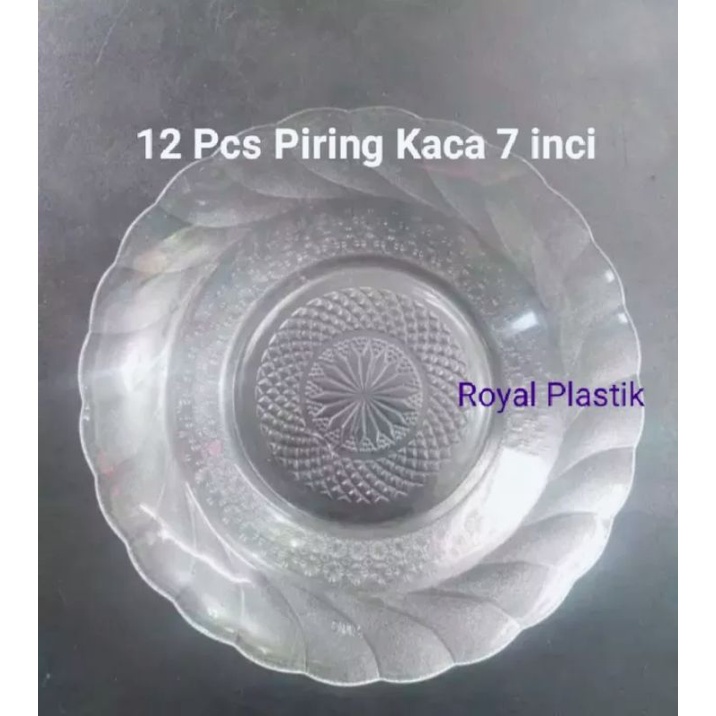 1 LUSIN / 12 PCS/ PIRING KACA BIRU DAN PUTIH 8 inci