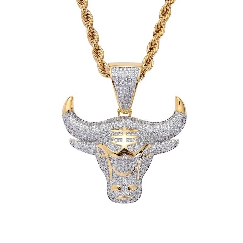 Men Hip Hop Fashion Full Rhinestone Bull Head Pendant Necklace Sparkling Ice Out Stainless Steel Gold Necklace