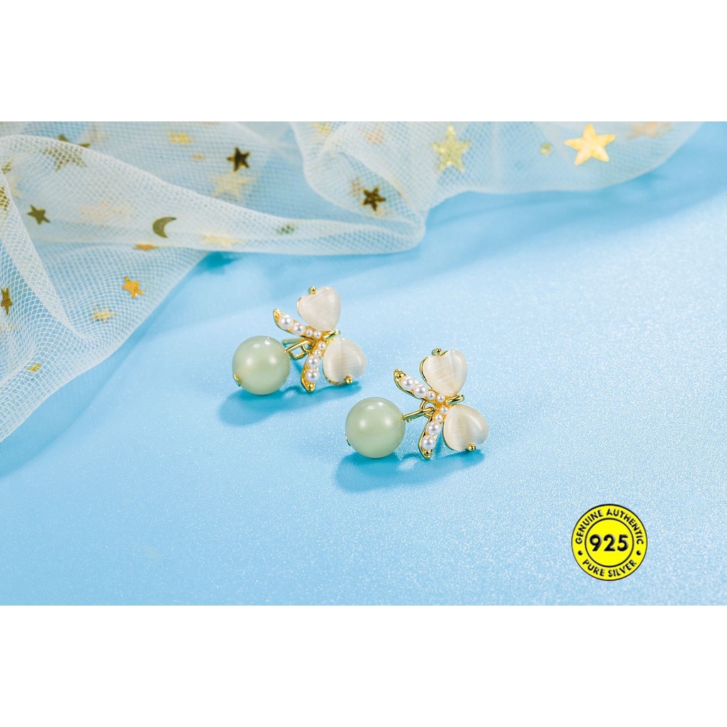 Anting Tusuk Batu Giok Hetian Opal 18K Untuk Wanita U1071