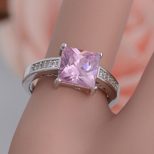 Hu Hu Hu Hu Hu Alat Bantu Pasang Kacamata♡ Cincin Lapis Silver Dengan Cubic Zirconia Kotak Warna Pink Ukuran US 7 8 9 Untuk Wanita