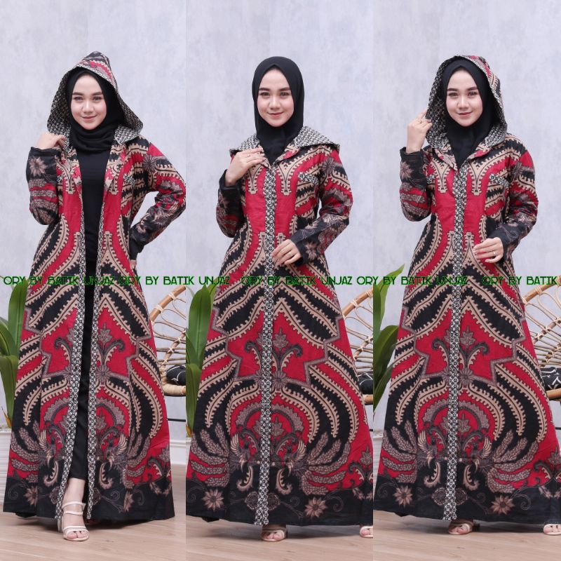 GAMIS BATIK HIJAB LONG OUTER HOODIE CANTIK TERBARU TIGA NEGRI XXL BUSUI FULL KANCING DEPAN