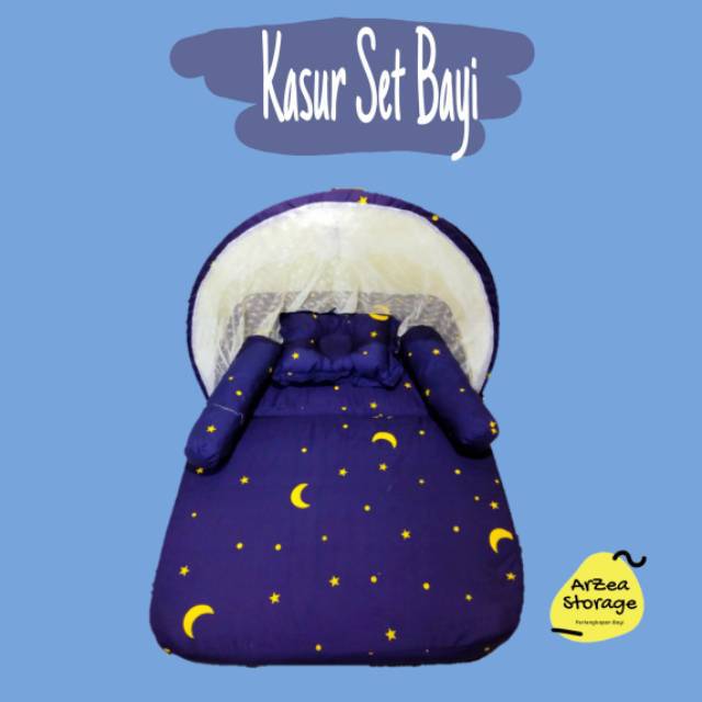 Kasur bayi set kelambu bantal guling bulan bintang navy lipat