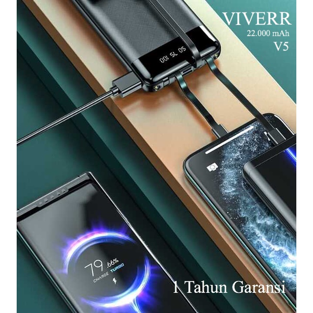 Powerbank VIVERR V5 original Kapasitas 22.000 mAh Output 3 Kabel ( iphone, TypeC,Micro ) universal buat semua gadget garansi 1 Tahun.