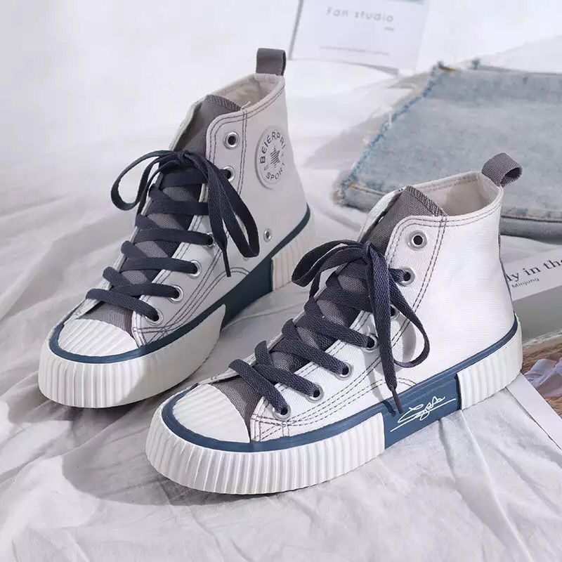 [ PAKAI DUS SEPATU ] IDEALIFESHOES Sepatu Wanita canvas Sneakers Abg Putih Biru Garis Import Korea High Top Kanvas import  KY-03
