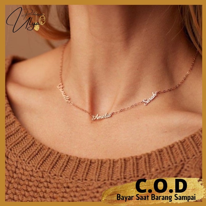 KALUNG TITANIUM CUSTOM UKIR NAMA HURUF INISIAL 3 LIONTIN NECKLACE LAPIS EMAS SILVER ASLI WANITA