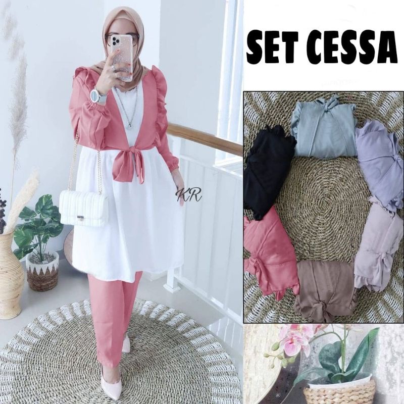 SET CELANA FASHION CESSA 3in1, MOSCREPE PREMIUM, GAMIS HIJAB MUSLIM, OUTER SETELAN