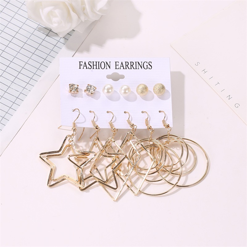 Set Anting Stud Panjang Double Layer Bentuk Bintang Geometris Aksen Mutiara Frosted Bahan Metal