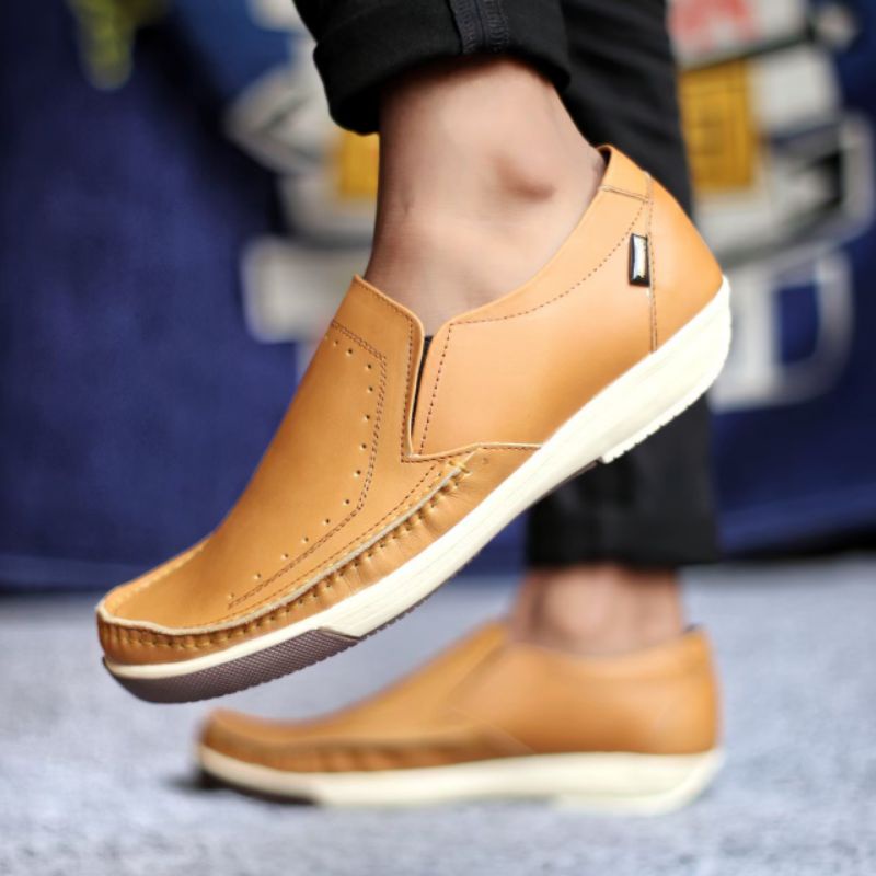 ENOZSTORE - Sepatu Pantofel Kasual Pria Kulit Asli Original Keren Bagus Slip On Casual Kerja Cowo Slop Kulit Ringan Nyaman Kuat Laki