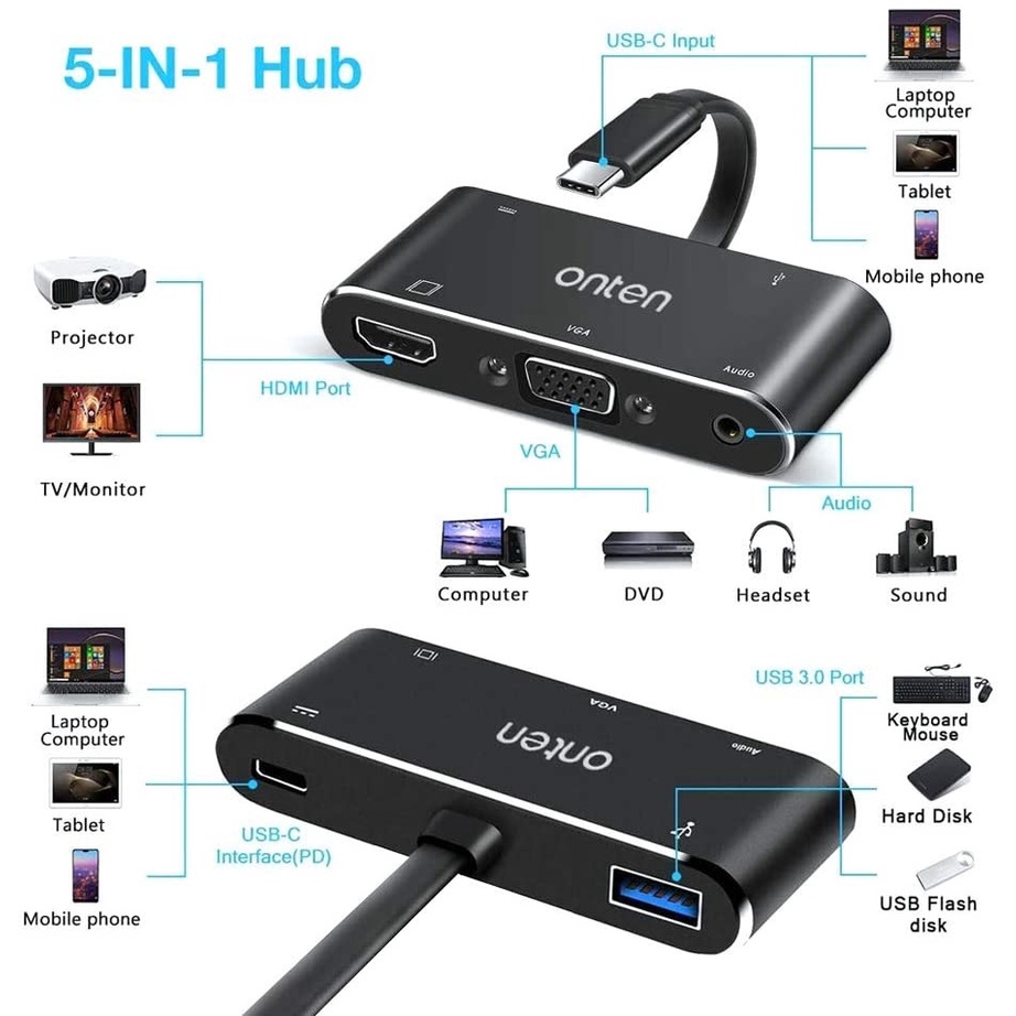 ONTEN OTN-9573S - USB-C to HDMI-VGA-AUDIO-USB 3.0 with PD Charger - Adapter USB-C ke HDMI/VGA/Audio/USB 3.0 + PD Charging 60W