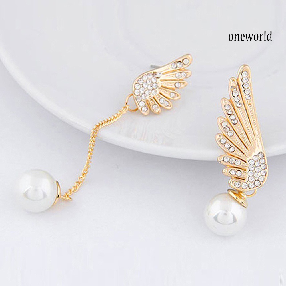 OW@ Asymmetric Rhinestone Inlaid Angel Wings Tassel Faux Pearl Women Stud Earrings