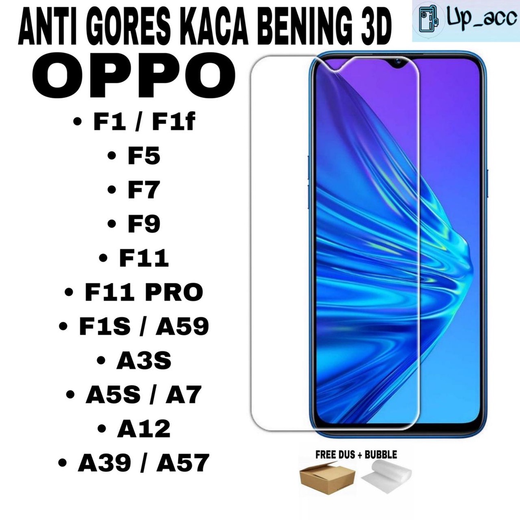 OPPO F1 F1F F5 F7 F9 F11 F11 PRO F1S A59 A3S A5S A7 A12 A39 A57 Tempered Glass Bening 3D Anti Gores Kaca Bening Tidak full