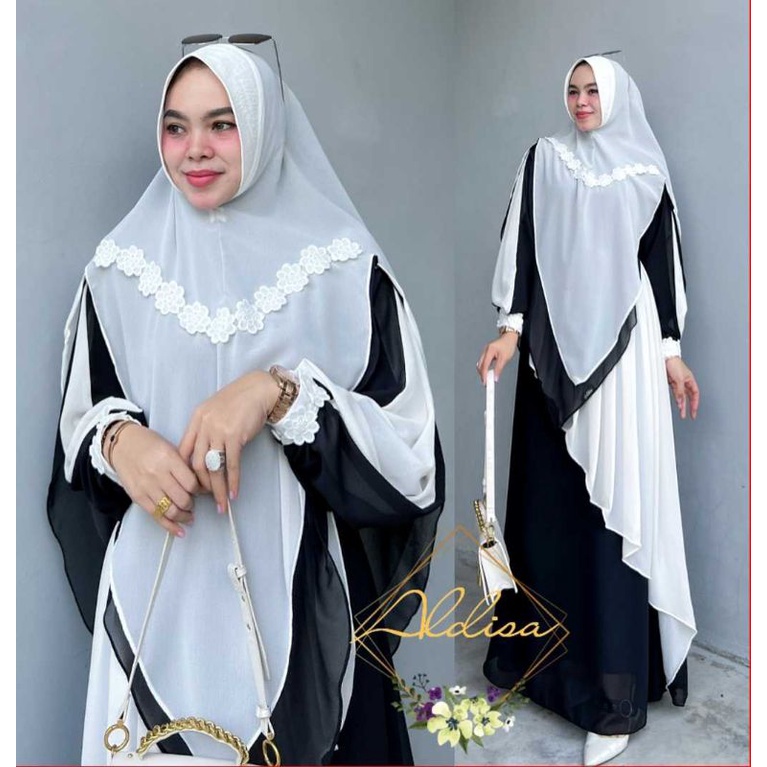 Nara Syari gamis hitam putih set khimar