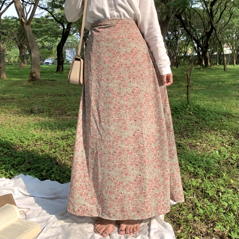 FLORAL SKIRT ADA SAKU / ROK MOTIF BUNGA/ ROK A LINE KOREAN STYLE / Long Skirt / vintage skirt-Sage tanpa furing