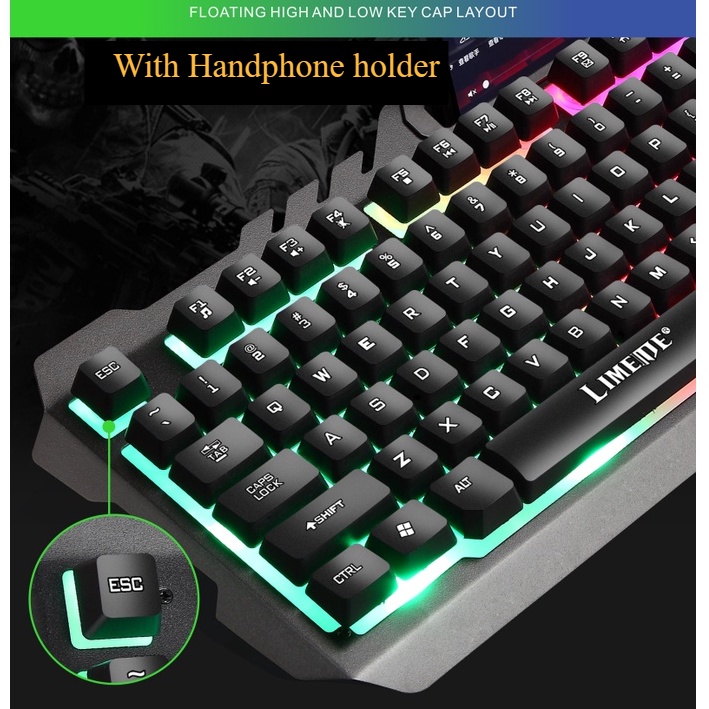 (GAMING SET) Paket Keyboard Mouse Set For Gamers T-21 Series Wired Keyboard RGB LED Lightning With Metal Cover with phone holder Dock For Laptop / PC Gaming