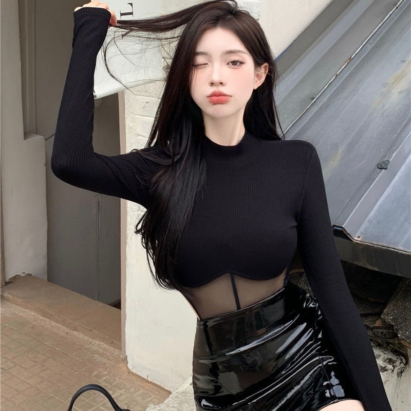 kaos wanita korean style bodysuit sexy stitching knitted sweater mesh bottoming top t-shirt women