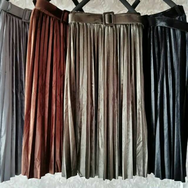 Rok  Panjang Plisket Bludru Velvet Import  + belt