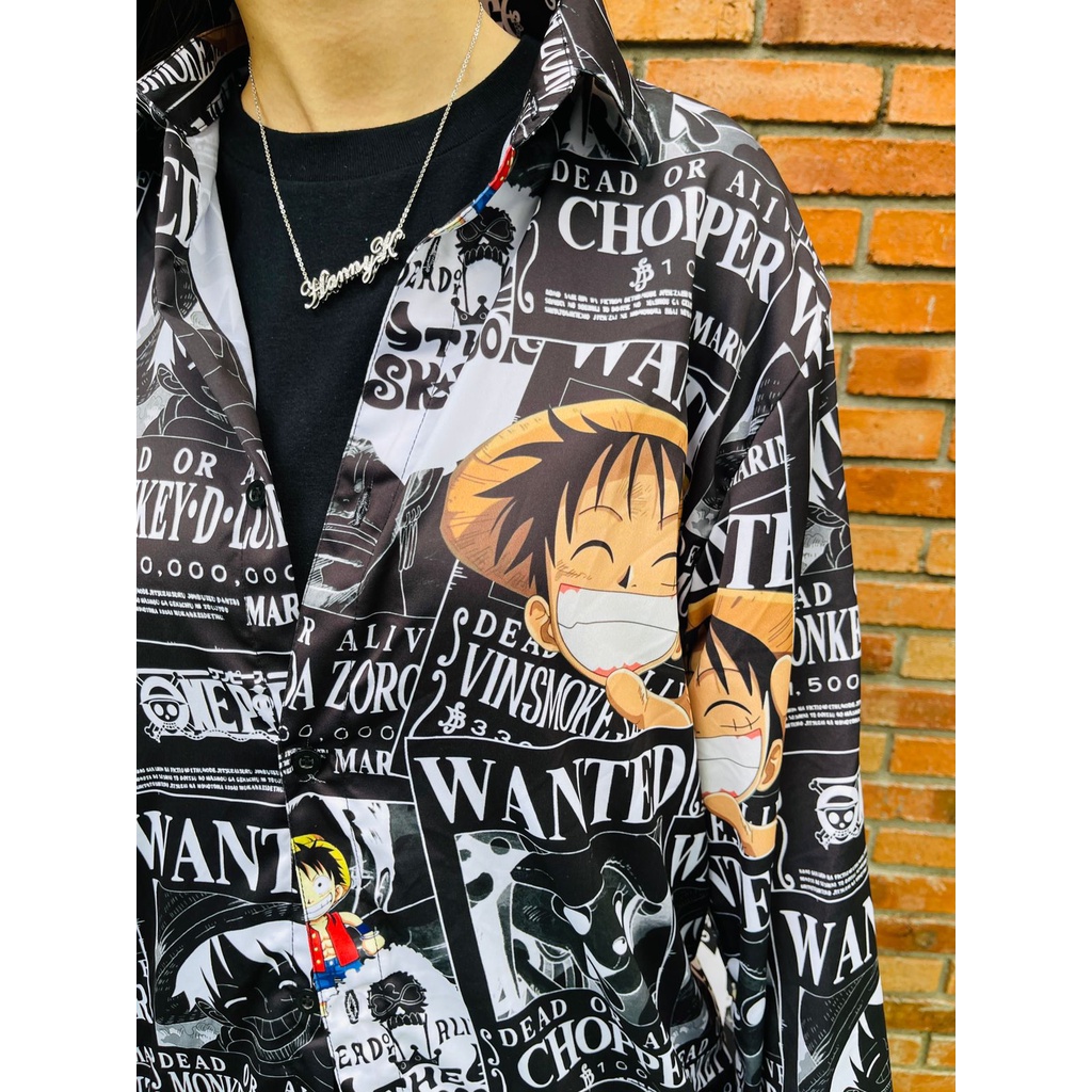 Kemeja Lengan Panjang Luffy Wanted Black