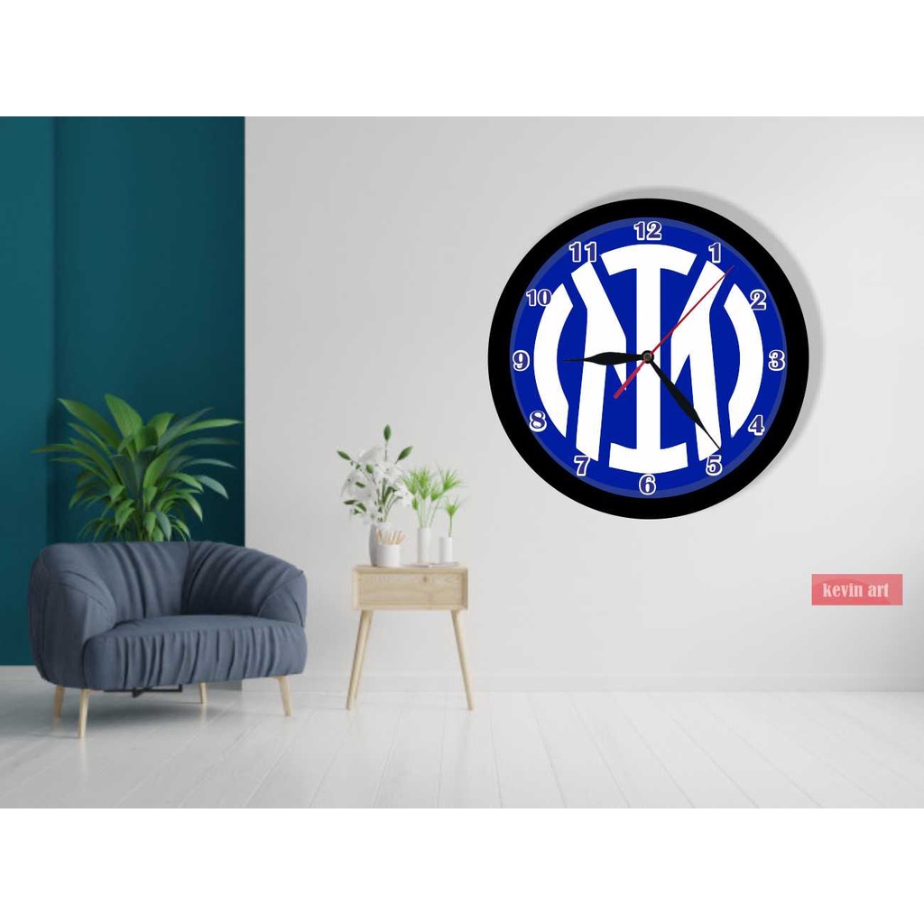 JAM DINDING KAYU UNIK ARTISTIK BESAR VINTAGE GAMBAR LOGO INTERMILAN