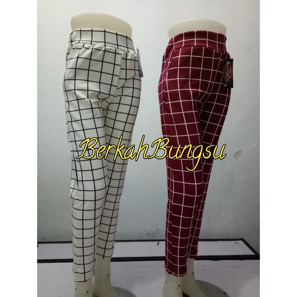 Celana Luna Panjang Wanita Motif Kotak-kotak Bahan Scuba Termurah