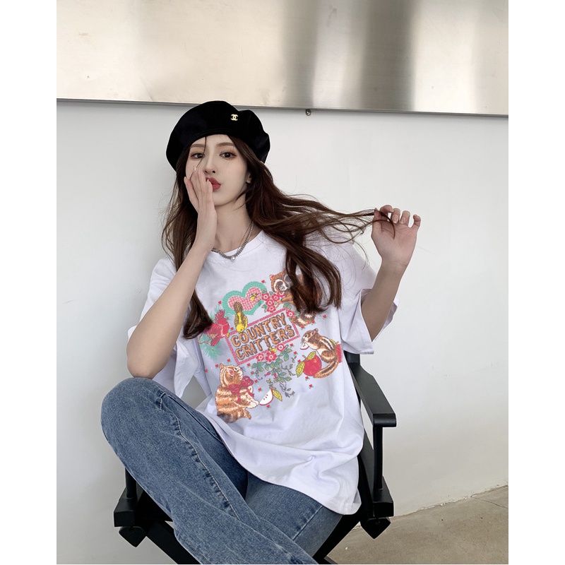 Printed T-shirt /atasan wanita warna putih/baju oversize wanita /baju oversize wanita murah murah/Atasan hitam lengan pendek retro longgar gaya korea sederhana