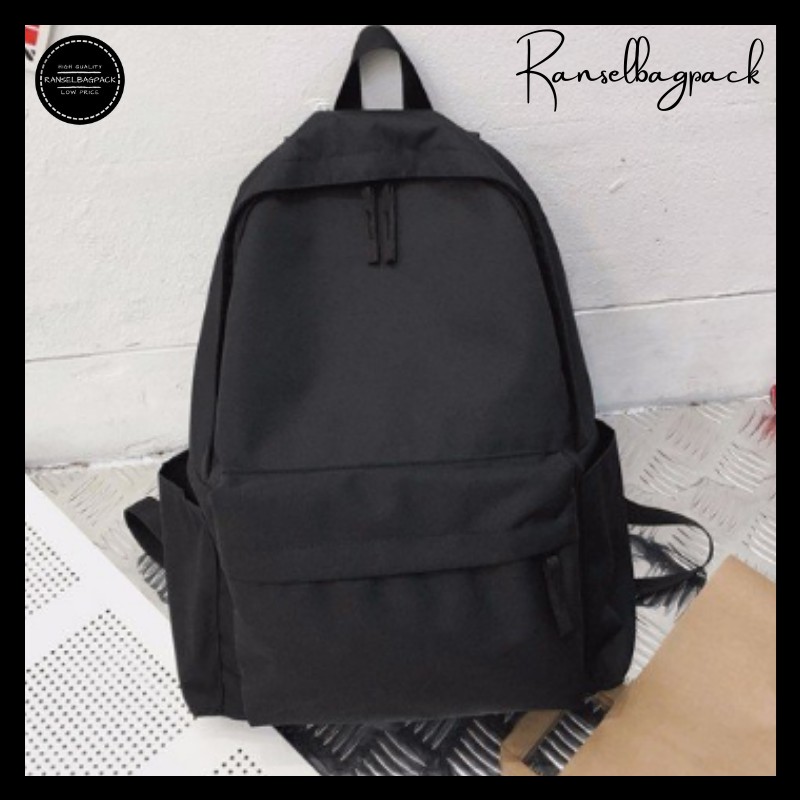 Tas Ransel Backpack Punggung Pria Wanita Sekolah Distro Polos Murah Terbaru Cewek Cowok Pria Wanita-Hitam