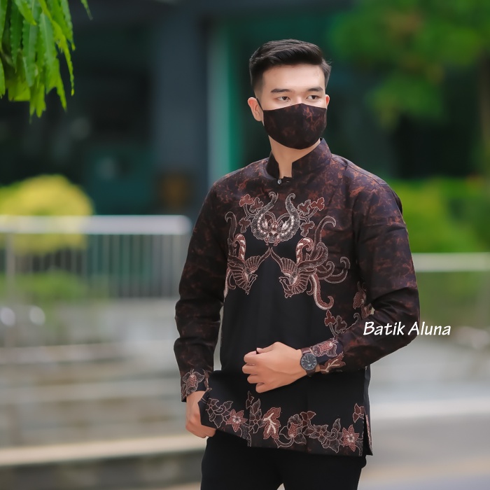 Baju Muslim Pria Batik Premium Dewasa Kemeja Lebaran 2022 Trend Lengan Panjang Modern Furing Katun Adhem Batik Solo Aluna MBA 010