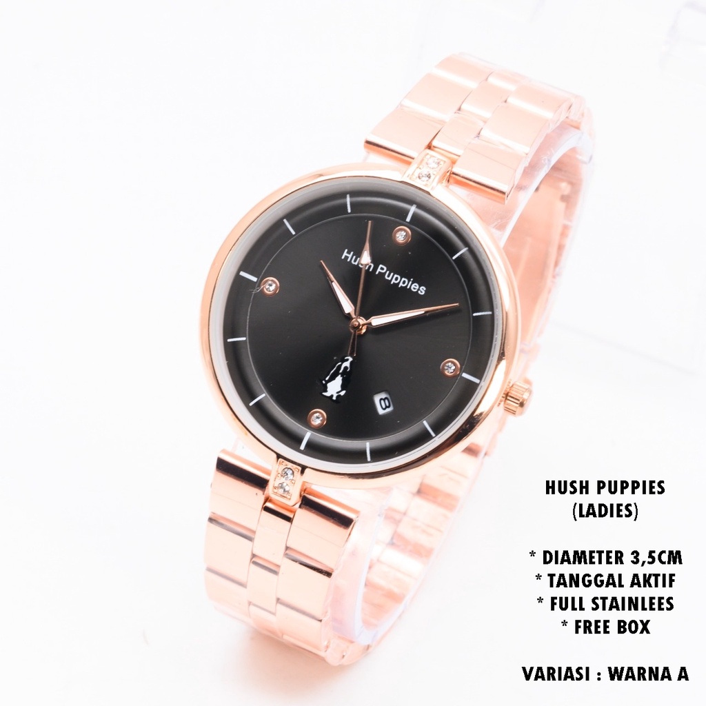 (BISA COD) JAM TANGAN WANITA HUSH PUPPIES H-059 RANTAI BODY BULAT TANGGAL AKTIF