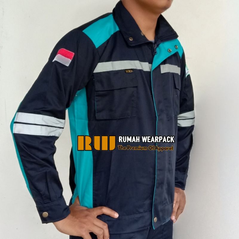 Semi Jacket Safety/ Wearpack Safety Jaket Safety Atasan Lengan Panjang Navy Kombinasi Biru Tosca