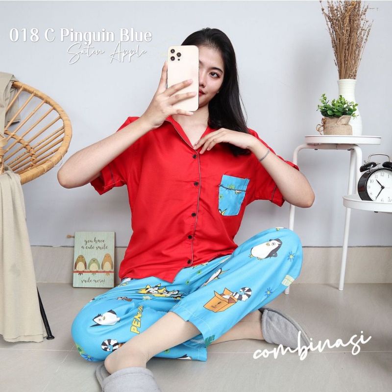 Baju Tidur Piyama Wanita Dewasa Piyama Baju Santai Motif Bunga-Penguin blue merah