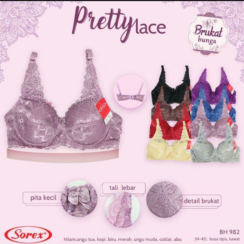 Bra | Bh Sorex 982 Original | Bh Renda Brukat Tanpa Busa Pakai Kawat Cup Sedang Kait 2