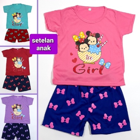 setelan kaos anak perempuan PDK 1- 10 tahun lengan pendek celana baju cewek kity ice girl