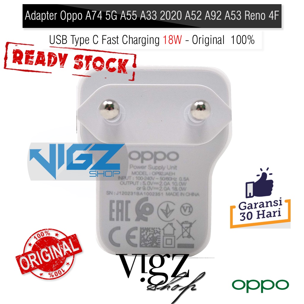 Adapter Adaptor Oppo 18W Oppo A52 A53 A54 A74 5G A55 A33 2020 A92 Reno 4 F Original 100%