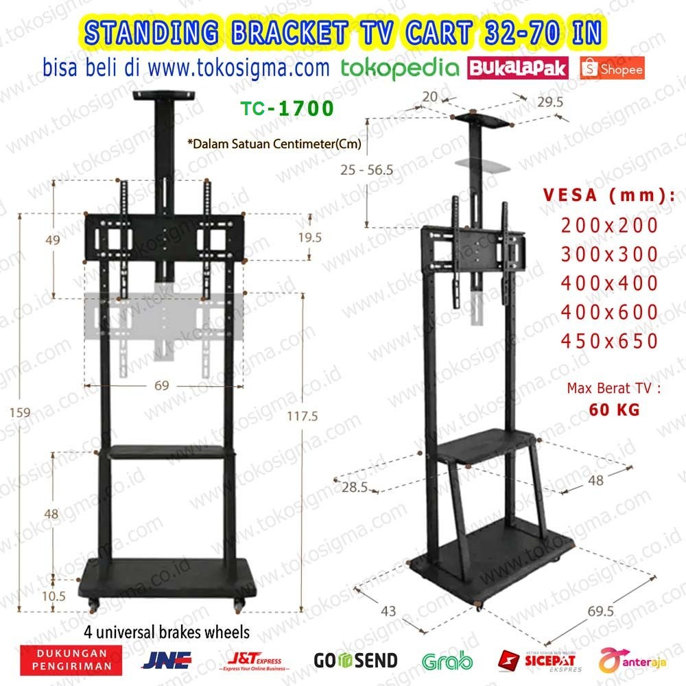 BRACKET TV STANDING BERDIRI RODA PORTABLE RACK TC1700 FLAT TV 32-70 IN