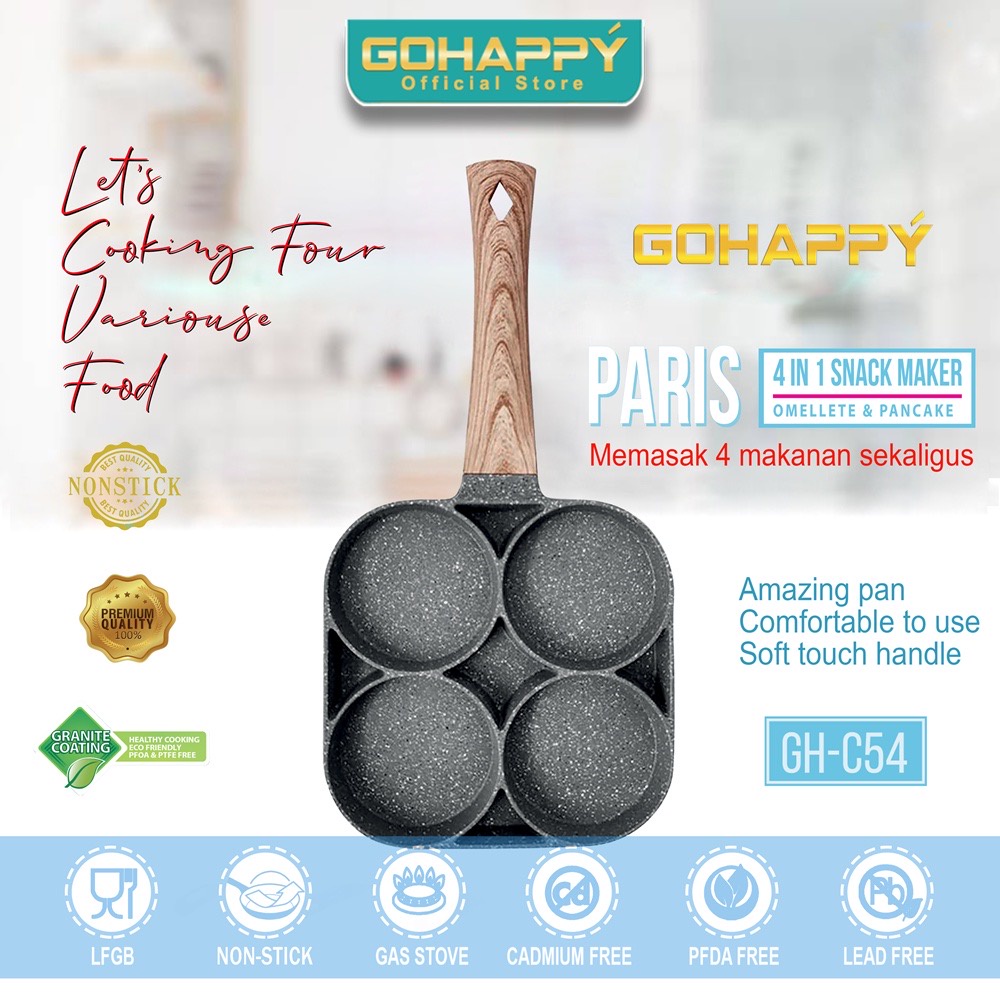 Frypan 4 in 1 Marble Coating- OMELETTE PAN GOHAPPY | Panci Cetakan kue breakfast 4 in 1 telur mie pancake paris