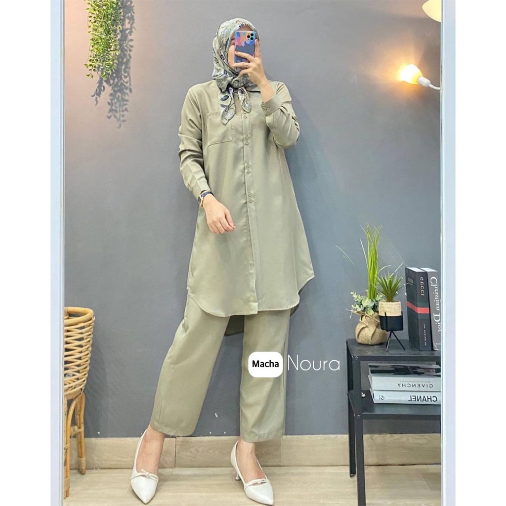 Noura One Set Wanita Tunik Shakila Premium Setelan Wanita Lengan Panjang Set Baju Muslim Kekinian LD 110 cm