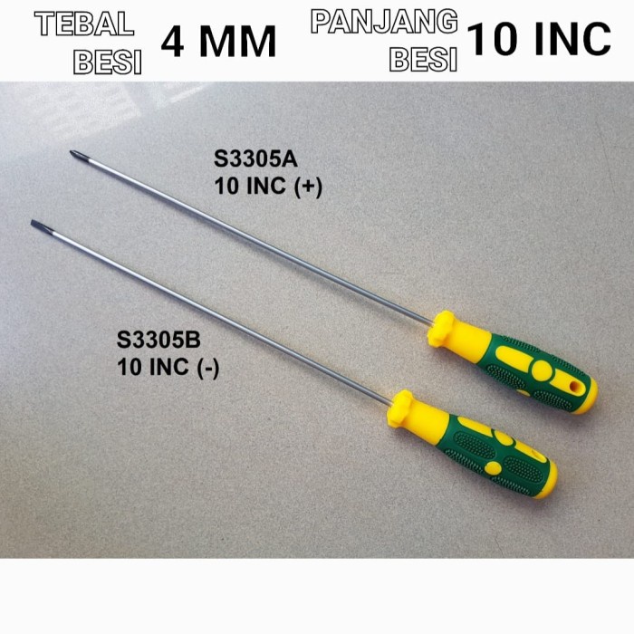 Obeng Panjang Kurus 4 MM 10 INCH Gagang Karet Hijau Kuning - MINUS (-)