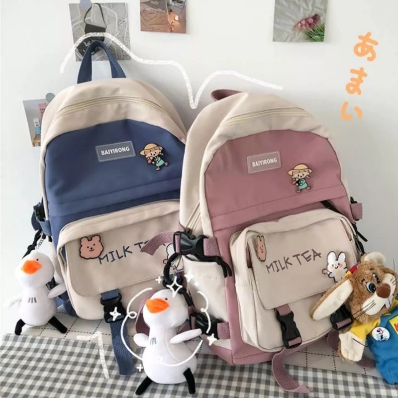 Tas Ransel Milk Tea Bahan Kanvas Buatan Lokal Tanpa Acc