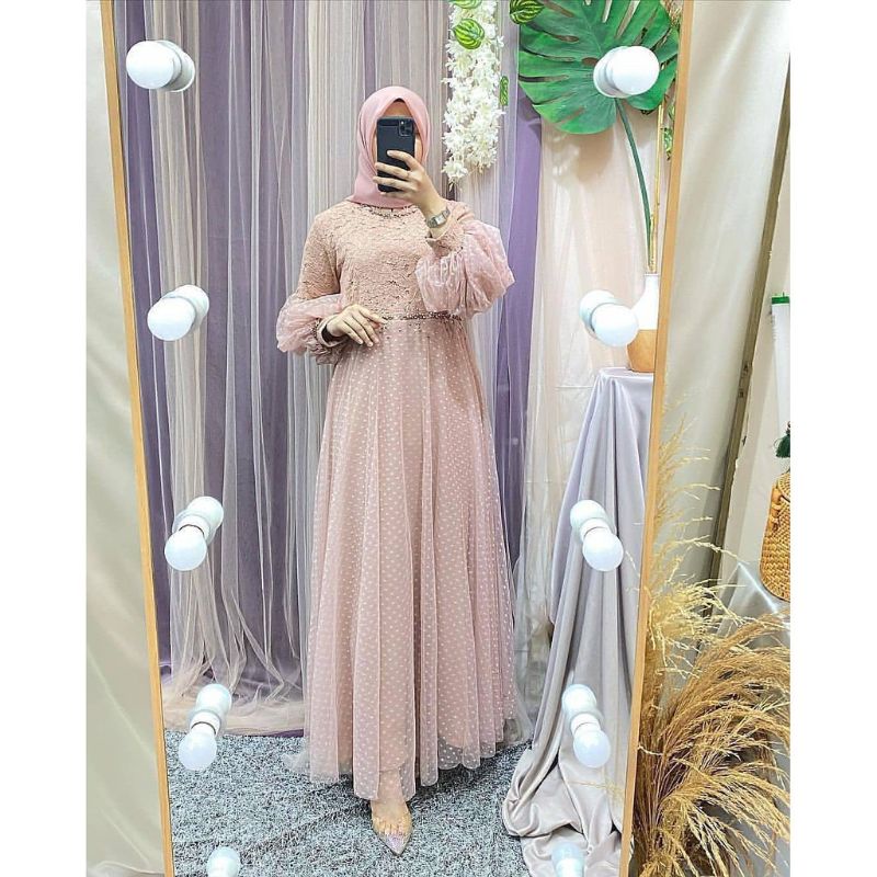 Dress tulle polkadot mix brokat mutiara pinggang