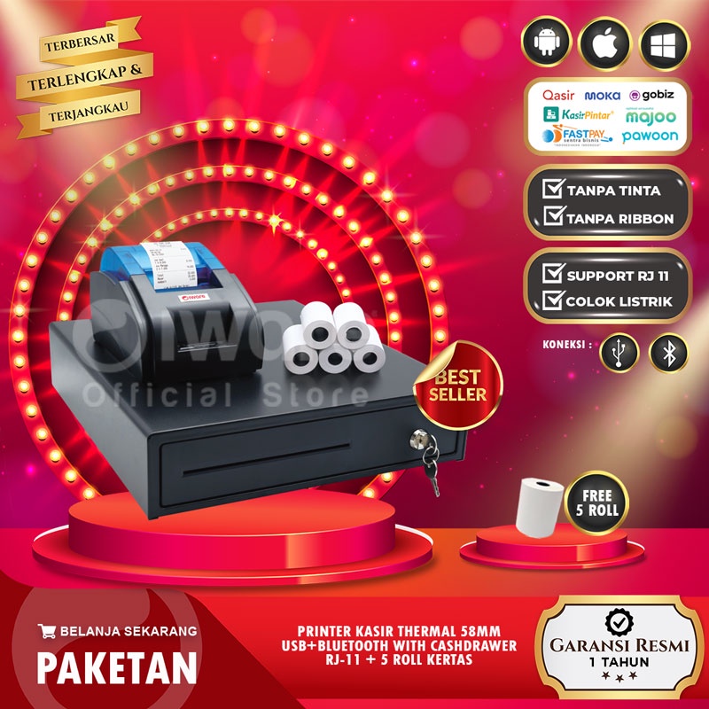 Paket Alat Kasir, Printer Kasir Thermal Bluetooth , Cash Drawer Free 5 Roll