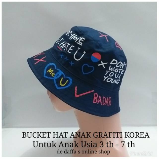 Topi Bucket Hat Anak Graffiti Korea / fisherman -  HITAM