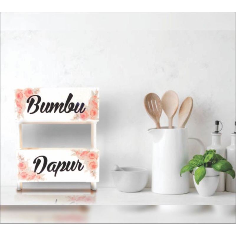 Dine Wood Rak Bumbu Dapur Kayu Susun 2 Persegi Decoupage Bunga Pink  Hiasan Dekorasi Rumah