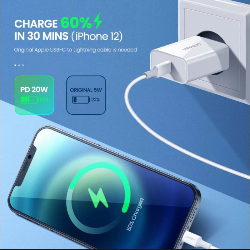 Ugreen Charger iPhone 15 14 13 8 11 12 XR XS MAX and Android Support PD Charge Qualcomm Qc 3.0 4.0 Original