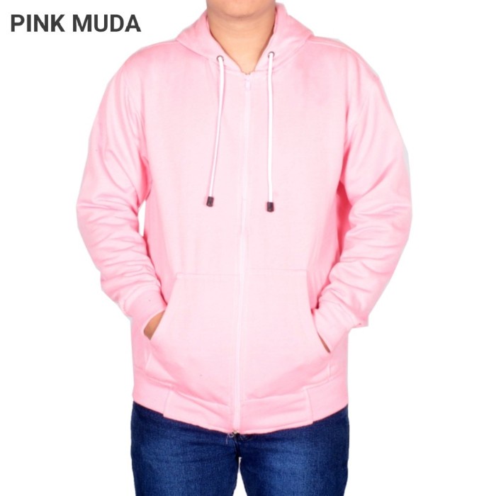 Jaket Hoodie Zipper Polos Pria Wanita Warna Soft Pink Warna Pink Baby