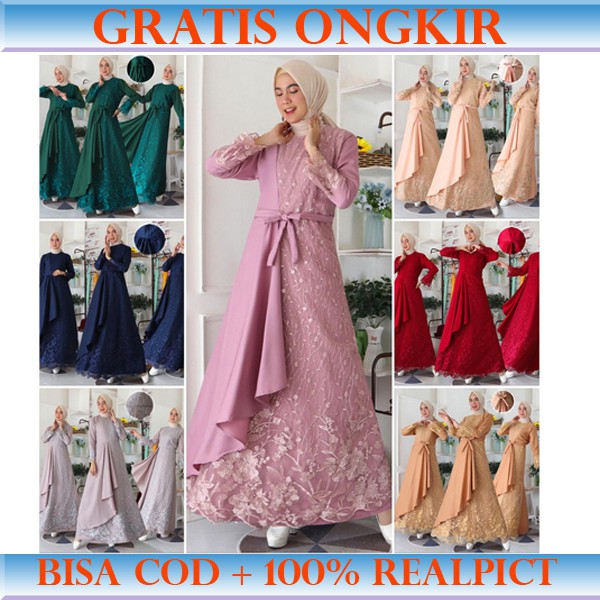 (COD + REALPICT) Gamis M212 Brokat TilLe Bordir Maxi Dress Lebaran Brukat Tulle Baju Muslim