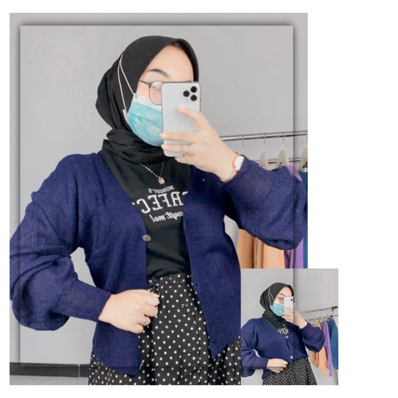Cardigan Rajut BALONE Kancing Batok Wanita Knit Wear Muslimah-Navy
