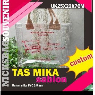 tas mika custom bahan mika tebal tali webbing katun sablon 1 warna min 50