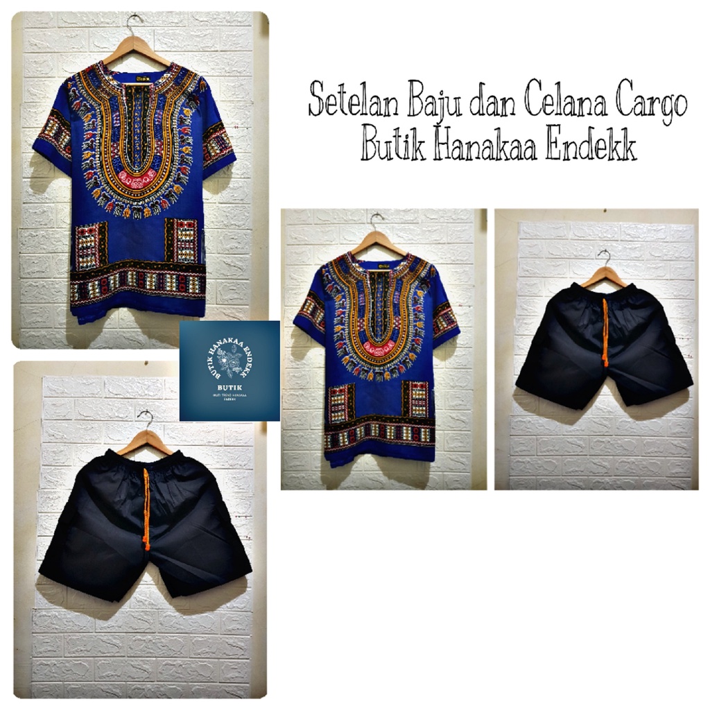 Setelan Baju dan Celana Cargo Etnik Dashiki Kotak Pria/Wanita (Unisex)