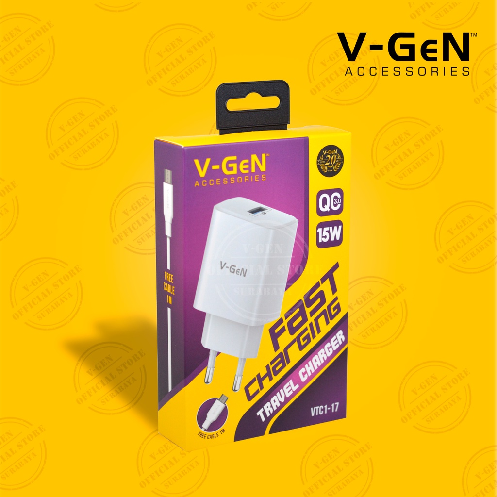 Adaptor Charger V-GeN VTC1-17 Fast Charging QC 3.0 15W Travel Charger