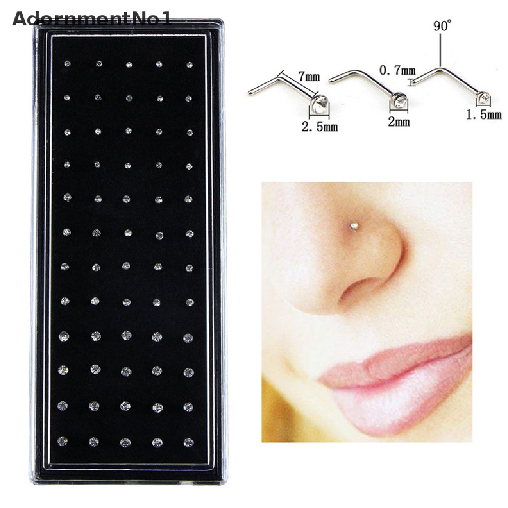 (AdornmentNo1) 60pcs / Set Anting Tindik Hidung / Tubuh Bentuk L Bahan Stainless Steel Hias Kristal CZ